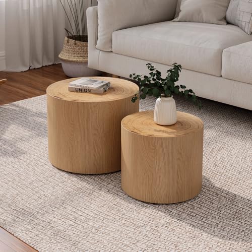 Nesting Coffee Table Set of 2, Modern Round Coffee Table, Wooden Circle Accent Tables for Small Spaces Living Room Bedroom Balcony Office Drum Side Table, Natural Wood - color: Natural Wood