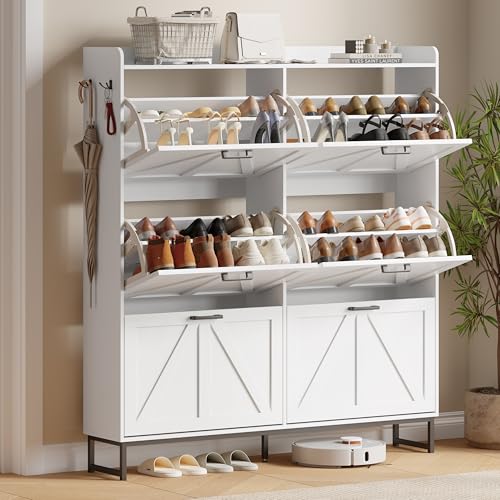 Xixini Shoe Storage Cabinet with 6 Flip Drawers, Entryway Shoe Rack, White | Narrow Slim Shoe Storage, Freestanding Hidden Wood Shoe Organizer, Modern Farmhouse, Open Storage & Hooks for Closet, Hallway - color: White, size: 6 Flip Drawers