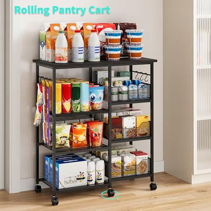 HapiRm Rolling Kitchen Carts with Storage - Microwave Table Stand with 6 Hooks & 3 Baskets, kitchen Island Cart on Lockable Wheels, 28.3" L × 14.6" W Bakers Rack Cart for Dining Room Coffee Bar Office - color: Black