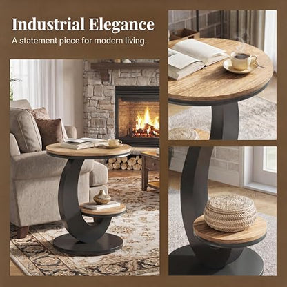 Tribesigns Round End Table with 2-Tier Shelf Storage,C Shaped Wood Side Table for Couch with Metal Frame,Modern Nightstand Accent Table for Living Room,Bedroom,Small Space (Light Brown) - color: Light Brown