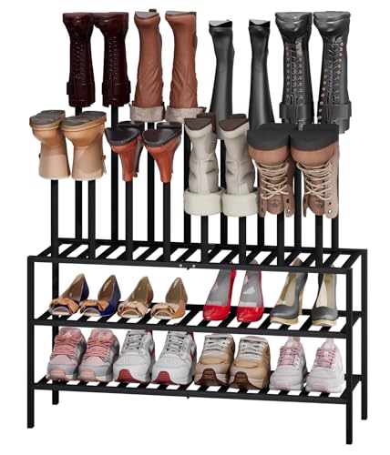 kiplant Tall Boot Rack Organizer - 8 Pair Boot Rack Bamboo Wood Shoe Rack for Entryway & Closet, Holds Tall Boots - color: Black, size: 3 Tier-Large