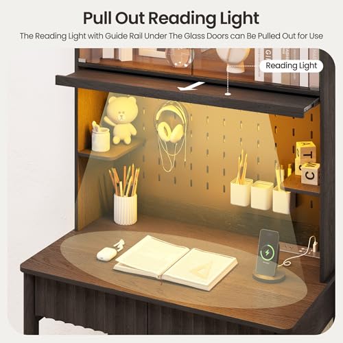 Lvifur 31.5" Small Natural Desk with - Glass Doors,Computer Desk w/Charging Station and LED Reading Lights,Compact Study Desk with Drawers,Writing Home Office Desks for Small Spaces Bedroom - color: Black-b