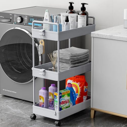 Ronlap 3 Tier Slim Rolling Storage Cart with Wheels Plastic Utility Cart Organizer for Snack Craft Art Postpartum Baby Diaper Nail Makeup in Bathroom Laundry Room Kitchen Bedside Narrow Space, Grey - color: Gray
