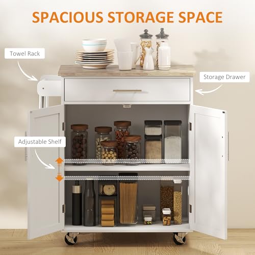 HOMCOM Kitchen Island Cart, Rolling Island Table with Solid Wood Top, Trolley Cart with Drawer, Storage Cabinet & Towel Rack, White - color: White