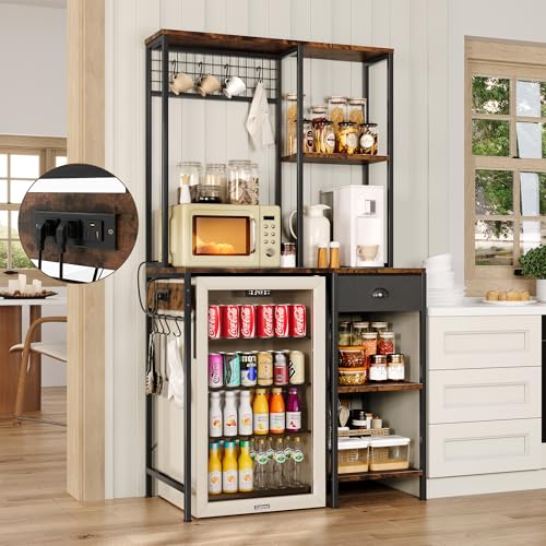 DreamDashio Over Mini Fridge Shelf with Power Outlet, 3-Tier Bakers Rack & Appliance Organizer for Microwave and Coffee Maker, Featuring Adjustable Shelves, Storage Drawer, 8 S-Hooks