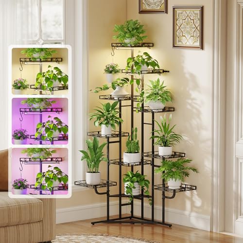 Quikraen Plant Stand Indoor with Grow Lights, 58" Tall Lighted Corner Plant Shelf for Indoor Growing, 10-Tier Multiple Metal Large Flower Holder, Plant Rack for Home Decor, Patio (Black) - color: Black-58" with grow light