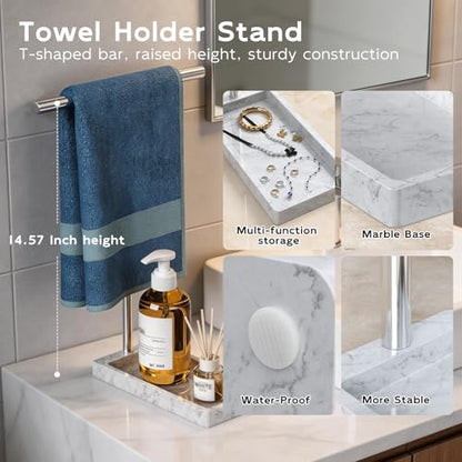 Volnamal 2-in-1 T-Shape Hand Towel Holder for Bathroom Countertop, Silver | Heavy Non-Tipping Towel Holder with Countertop Tray, Extended-Heigher Towel Stand for Standard, Rust-resistance & Durability