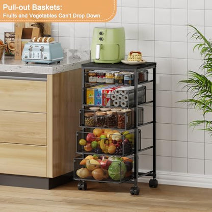 Kitchen Storage Cart with Drawer, 5-Tier Fruit Vegetable Storage Cart, Kitchen Organizer and Storage Cart with Wheels, Wooden Top Metal Wire Pantry Storage Cart rack for Fruit Snack Onion Potato - size: 5-Tier Black