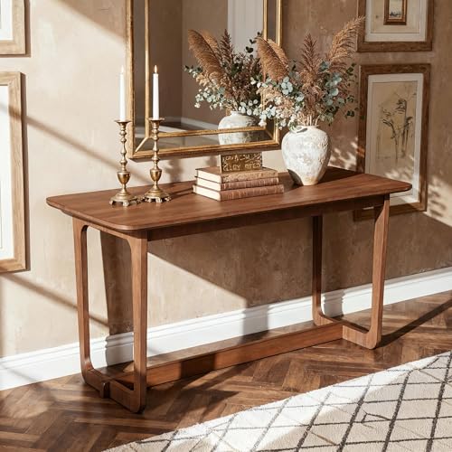 Solid Wood Writing Desk, 51.2 Inch Rubberwood Study Desk, Gaming Computer Table, Modern Home Office Desks with Round Edges, Simple Work Station for Living Room, Light Brown