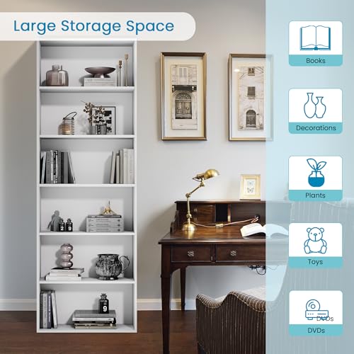 GRUSIGN 71" Tall 6-Tier Bookshelf, Large Open Display Bookcase with Ample Storage, Floor Standing Book Shelf for Living Room, Home Office, Bed Room, White - color: White