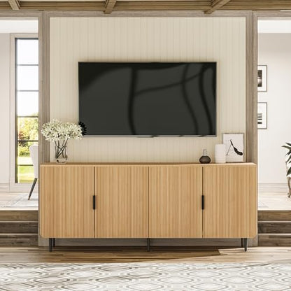65" Fluted Sideboard Buffet Cabinet with Storage, Console Cabinet with 4 Doors & Adjustable Shelves, Modern Buffet Table for Kitchen Dining Living Room Hallway‌ Entryway, Natural - color: Natural