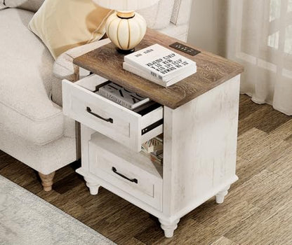 WAMPAT Side Table Nightstand with Charging Station & 2 Drawers, Farmhouse End Table for Living Room, Retro Night Stand Light Wood Bedside Table for Bedroom, Antique White - color: Antique White