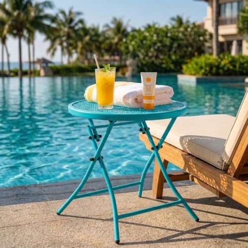 TeoKJ Folding Outdoor Side Tables, Anti Rust Small Patio Table Round Metal Nightstand with Flower Cutouts for Porch Yard Balcony Deck Lawn, Blue - color: Blue
