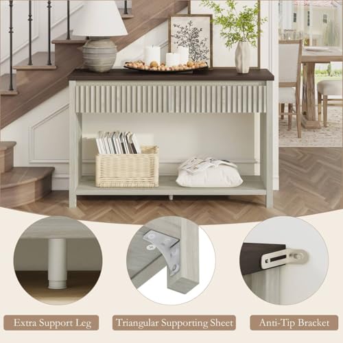 BON AUGURE 47In Entryway Table with Drawers, Sofa Tables with Storage | Console Tables for Entryway, Two-Tier Narrow Hallway Tables, Modern Fluted Panel, Walnut and Washed Grey Oak - color: Walnut & Washed Grey