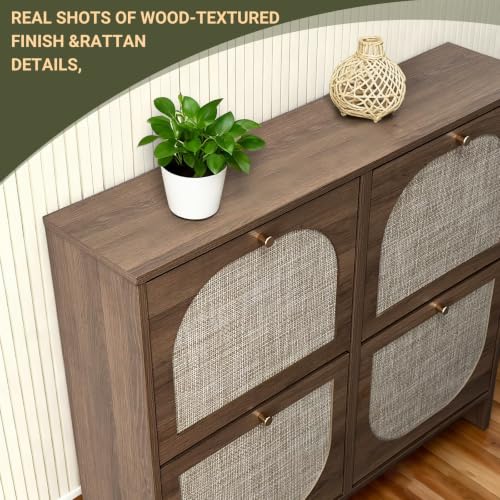 Freestanding Ultra Slim Arched Accent Entryway Shoe Storage - 4 Flip Drawers & 3-Tier Adjustable Shelves, Modern Slim Shoe Cabinet for Hallway, Foyer (flip Down Shoe Cabinet | Amber Oak) - color: Brown
