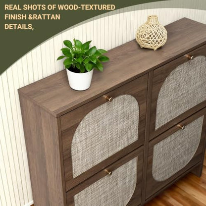 Freestanding Ultra Slim Arched Accent Entryway Shoe Storage - 4 Flip Drawers & 3-Tier Adjustable Shelves, Modern Slim Shoe Cabinet for Hallway, Foyer (flip Down Shoe Cabinet | Amber Oak) - color: Brown