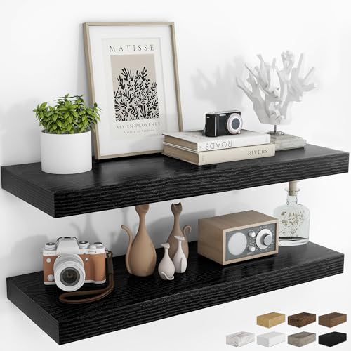 RICHFOCUS 36Inch Floating Shelves for Wall 2 Pack Shelves for Bedroom|Kitchen|Bathroom Wall Mounted Rustic Wood Floating Shelf with Invisible Brackets for Books|Storage|Decor, Black - color: Black, size: 36"L x 8"D, Set of 2
