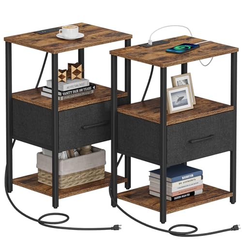 TUTOTAK Nightstand Set of 2, Night Stand with Charging Station, End Table, Bedside Table with Fabric Drawer, Side Table for Livingroom and Bedroom, Brown TB01BB0692 - color: Brown, style: Plug
