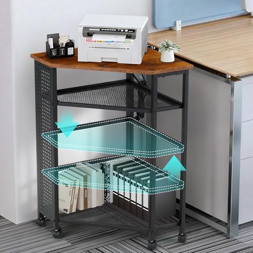 HOMREST Corner Table with Charging Station, 3-Tier Corner Shelf Stand with Metal DIY Panel, Rolling Storage Table on Detachable Wheels for Kitchen, Living Room, Small Space, Rustic Brown