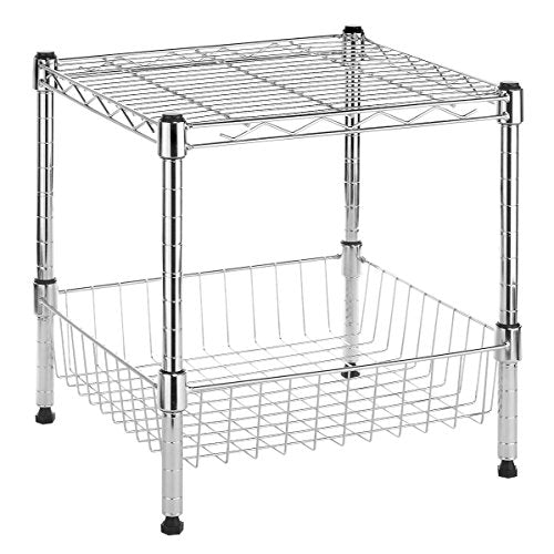Whitmor 2-Wire Shelving Unit, Metal Storage Shelves, Stacking Shelf with Basket, Easy Assembly Home Organizer for Pantry, Kitchen, Garage, Plant - color: Silver, size: 2-TIER,15"L x 14"W x 15"H(With Basket)