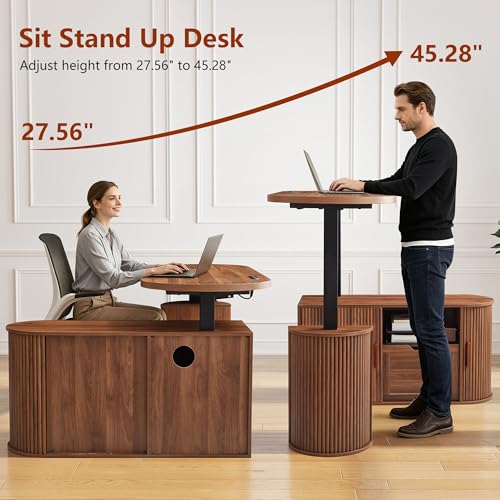 55" L Shaped Standing Desk with Storage, Oval Electric Desk Height Adjustable Executive Desk with File Drawer, Fluted Wood Desk Office Sit Stand up Desk for Work, Study, Writing, Walnut - color: 55'' L Shape Walnut