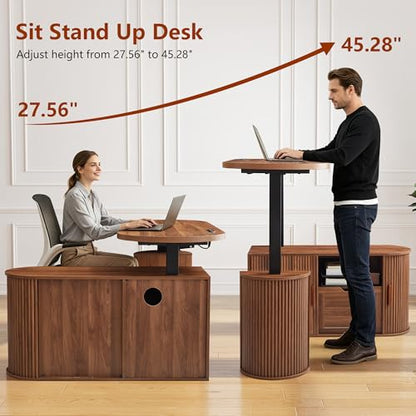 55" L Shaped Standing Desk with Storage, Oval Electric Desk Height Adjustable Executive Desk with File Drawer, Fluted Wood Desk Office Sit Stand up Desk for Work, Study, Writing, Walnut - color: 55'' L Shape Walnut