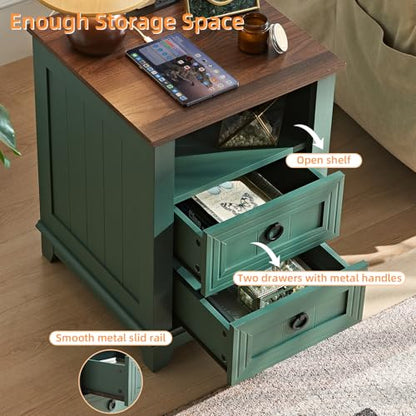 Joaxswe 18" Farmhouse Night Stand with Charging Station, 2 Drawers Bedside End Table, Green Wooden Nightstand, Bed Side Table Cabinet with Open Shelf for Bedroom Living Room Office - color: Green Set 1, size: 2 Drawers