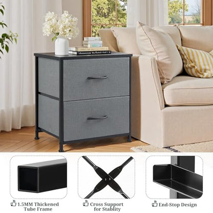 Nightstand Set of 2 Small 2 Drawer Dresser End Table Bedside Furniture | Wooden Top Fabric Bins for Bedroom, Closet, Entryway, Dorm, 11.8" D x 18" W x 20", Gray - color: Grey