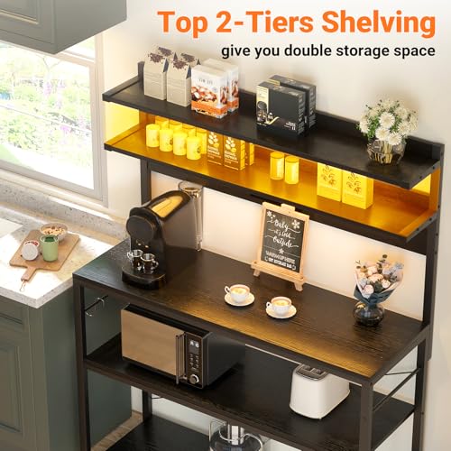Aheaplus Bakers Rack with Power Outlet, Microwave Stand, 5 Tiers Coffee Bar Station with Led Lights, Kitchen Storage Shelf with 6 S-shaped Hooks, Kitchen Rack Coffee Bar Stand, Black - color: Black, size: 31.5 inch