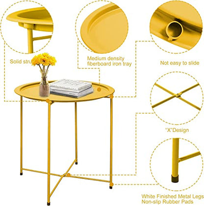 Garden 4 you End Table 2 PCS Metal Side Table Yellow Round Folding Tray Cyan Sofa Small Accent Fold-able Table, Round End Table Tray, Next to Sofa Table, Snack Table for Living Room and Bed Room - color: Yellow