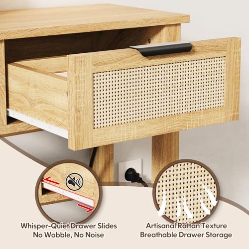 Luoxiao Entryway Table with Outlets & USB-C, 3 Drawers Rattan Console Table | Narrow Entry Table with Open Shelf, Anti-Tip, Easy Assembly, Boho Front Entrance Hallway Foyer Storage, 47 Inch, Natural Wood - color: Wood