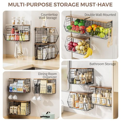 Delamu Stackable Metal Fruit Basket with Wood Lid 3 Pack, Hanging Wall Organizer for Kitchen Counter, Pantry Storage for Onions, Potatoes, Garli, Fruits, Spices, Black - size: 3 Pack