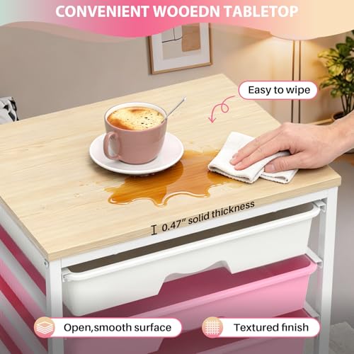 Goovilla Rolling Cart with Drawers, Utility Cart Organizer with 5 Removable Drawers and Wooden Tabletop, Lockable Rolling Storage Organizer for Art, Classroom, Home, Dorm, Office, Craft Storage, Pink - size: Pink
