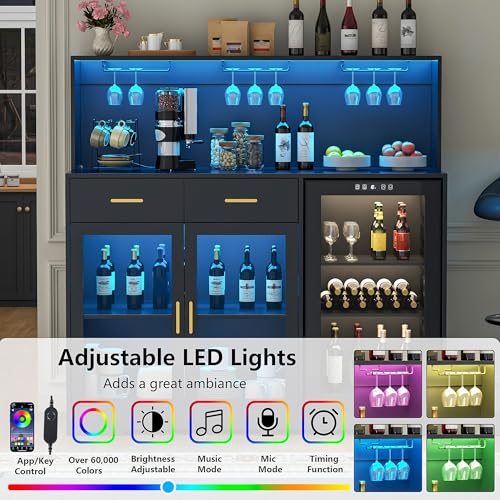 Gyfimoie 53" Wine Bar Cabinet with Fridge Space & Outlets, Large Coffee Bar Table with Storage Drawer,Liquor Cabinet with Wine Rack for Home, Living Room, Dining Room, Kitchen (Black)
