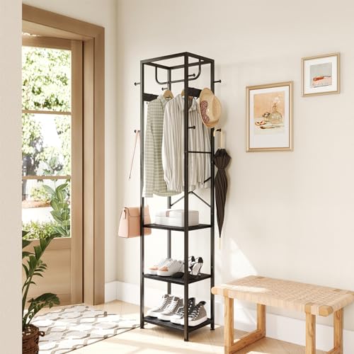 ELYKEN Coat Rack Freestanding, Hall Tree with 3 Storage Shelves and 12 Hooks, Metal Clothes Rack Stand Organizer for Bedroom, Hallway, Entryway, Office, Living Room, Black - color: Black