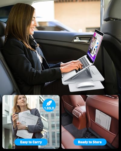 AboveTEK Adjustable Laptop Lap Desk, 3 Ergonomic Angles, PU Leather Non-Slip Surface, Heat Shield, Retractable Mouse Pad, Portable Laptop Lap pad for Bed, Sofa, Travel (Light Gray) - color: Light Gray