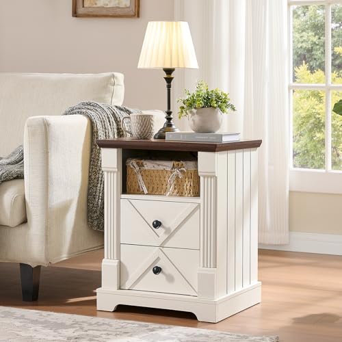 BuildHom 18" Farmhouse Nightstand Set of 2 with Charging Station,2 Interchangeable Drawers End Table, Roman Column Bedside Table with Open Shelf for Bedroom(Antique White) - color: Antique White - 2pcs