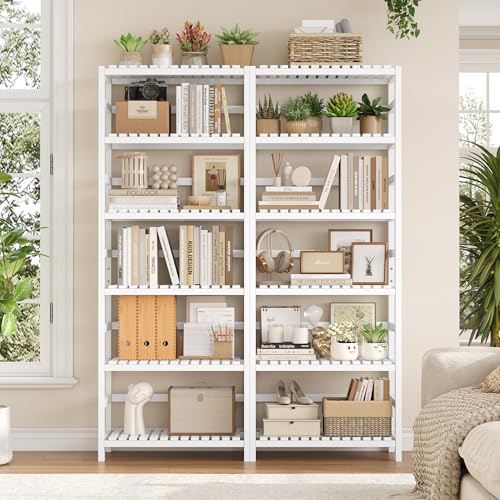 FOTOSOK 6-Tier Bamboo Shelf with Adjustable Shelves, Bamboo Kitchen Cabinet | Tall Bamboo Bookshelf and Plant Shelf with 250-lb Shelf Capacity for Laundry Bathroom Kitchen Pantry Home Office - color: White