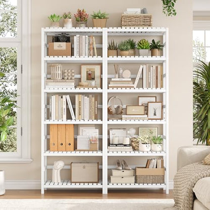 FOTOSOK 6-Tier Bamboo Shelf with Adjustable Shelves, Bamboo Kitchen Cabinet | Tall Bamboo Bookshelf and Plant Shelf with 250-lb Shelf Capacity for Laundry Bathroom Kitchen Pantry Home Office - color: White