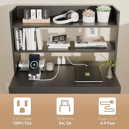39 Inch Tall Nightstand with 2 Drawers & Charging Station, Black | 4-tier Open Shelves, P2 Particle Board, Steel Frame, 2 AC Outlets, 2 USB Ports, Suitable for Dorm and Apartment - color: Black