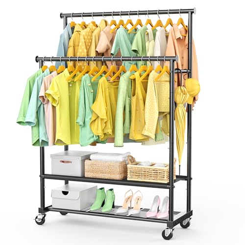 Double Rods Clothes Rack for Hanging Clothes, Heavy Duty Rolling Clothing Rack with Wheels, Freestanding Garment Racks with Oxford Bottom Shelf and Mesh Bottom Shelf for Bedroom Laundry Living Room - color: Black