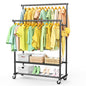 Double Rods Clothes Rack for Hanging Clothes, Heavy Duty Rolling Clothing Rack with Wheels, Freestanding Garment Racks with Oxford Bottom Shelf and Mesh Bottom Shelf for Bedroom Laundry Living Room - color: Black
