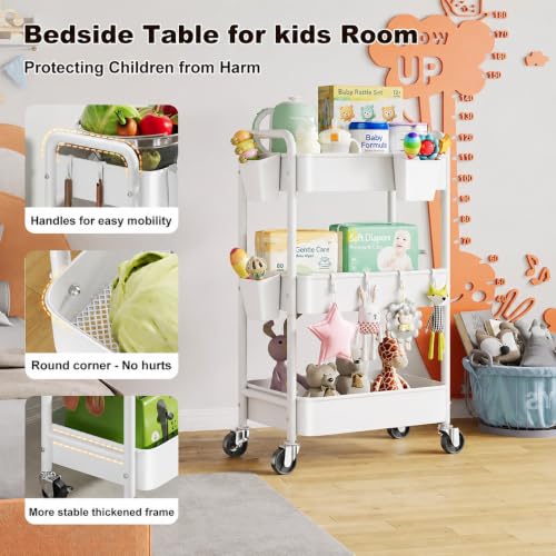 3 Tier Heavy Duty Rolling Cart Metal with Wheels, White Three Tiered roller Shelf Carts on Wheels, Utility Storage Shelves Organizer for Kitchen, Bedside, Laundry, Snack, Craft, Art, Pantry, Nail - color: White