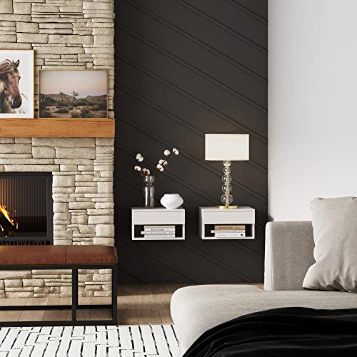 Nathan James Jackson Wall Mounted Floating Bedroom Nightstand with Storage Drawer and Modern Open Shelf Cubby Set of 2, White - color: White, size: Set of 2