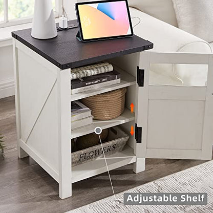JXQTLINGMU Farmhouse End Table with Charging Station, 18'' Rustic Nightstand with Barn Door & Adjustable Shelf, Wooden Sofa Side Table with 3-Tier Storage for Living Room, Bedroom, White - color: White