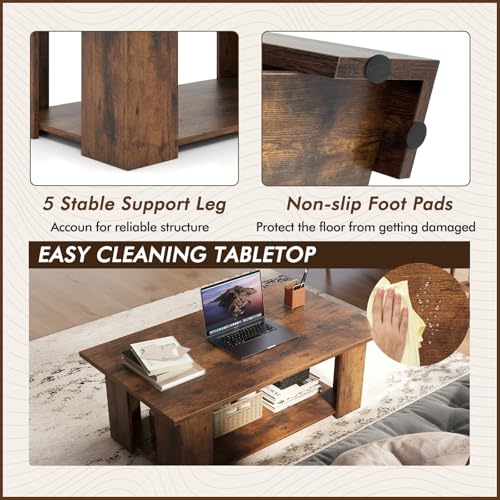 Tangkula 2-Tier Coffee Table, Modern Rectangular Center Cocktail Table with 5 Support Legs, Wooden Accent Living Room Furniture, Small Coffee Table for Small Spaces, Easy Assembly (Rustic Brown) - color: Rustic Brown