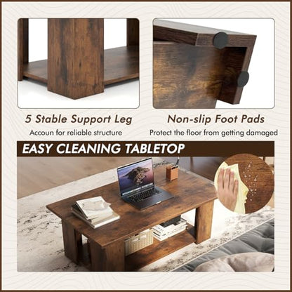 Tangkula 2-Tier Coffee Table, Modern Rectangular Center Cocktail Table with 5 Support Legs, Wooden Accent Living Room Furniture, Small Coffee Table for Small Spaces, Easy Assembly (Rustic Brown) - color: Rustic Brown