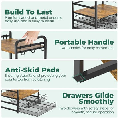 EsLuker.ly Coffee Bar Organizer Station Shelf Mug Holder for Countertop, 4 Tier Mug Holder Stand with 12 Hooks, K Cup Pod Drawer - color: Black+Brown+Brown