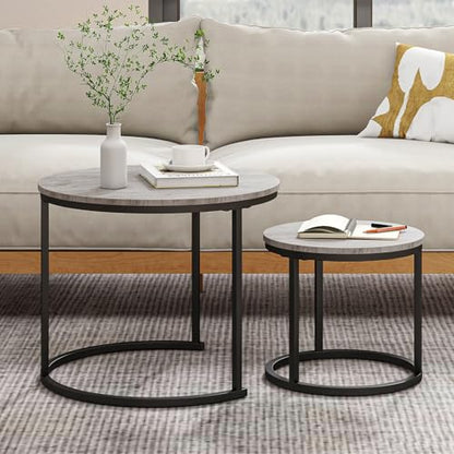 HOJINLINERO Round Coffee Table,Nesting Coffee Table Set of 2,Center Tables for Living Room,Office, Home Small Space,Small Table Stacking Side Tables,Sturdy and Easy Assembly,Wood Desktop,Black+Grey - color: Grey, size: Small