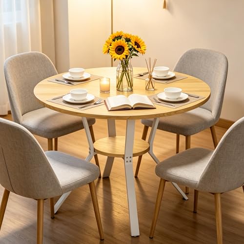 Wildhome Round Dining Table for 2-4, 43 Inch Dining Room Kitchen Table with 1-Tier Storage Shelf, Modern Farmhouse Dinner Furniture with Adjustable feet,Oval Circle(43in-Oak) - color: 43in-air-oak